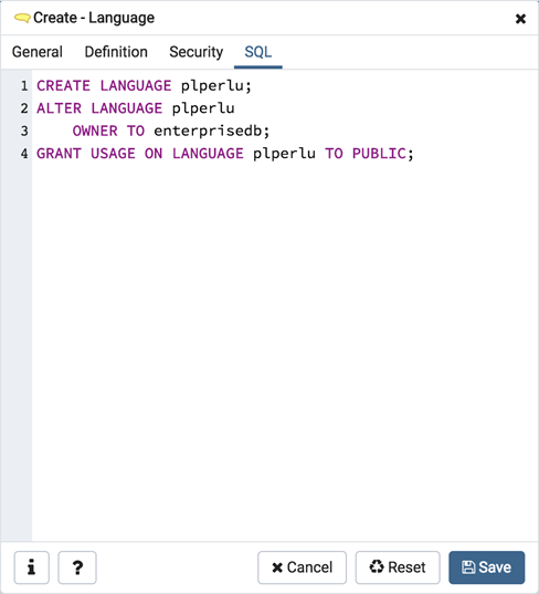 Language dialog sql tab