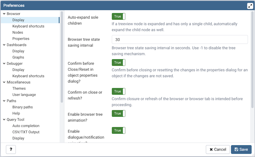 Preferences dialog browser display options