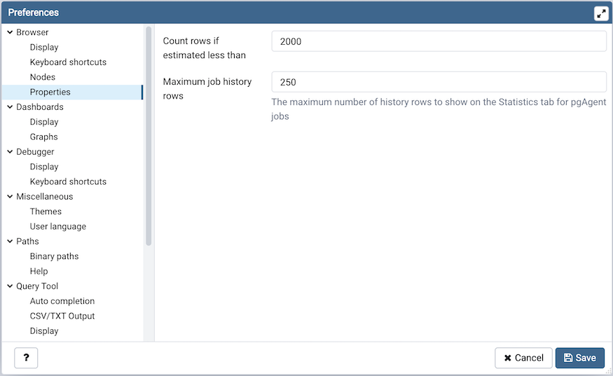 Preferences dialog browser properties section