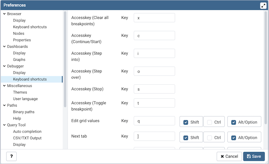 Preferences dialog debugger keyboard shortcuts section