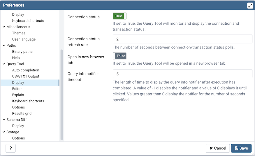 Preferences dialog sqleditor display options