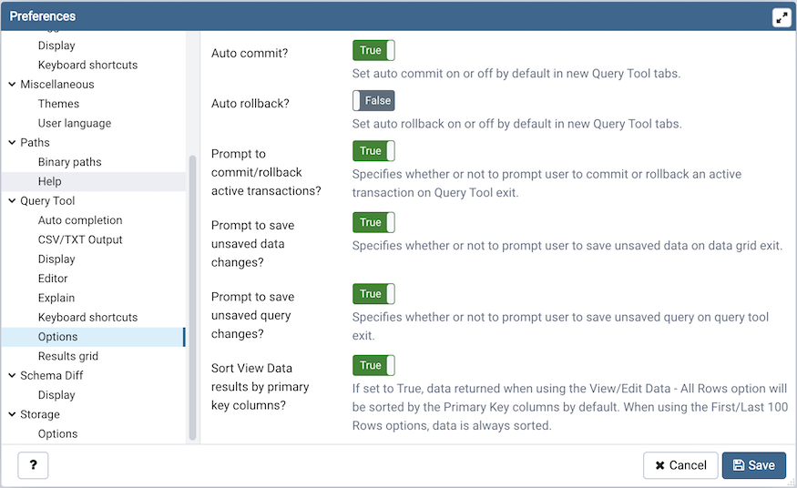 Preferences dialog sqleditor options section