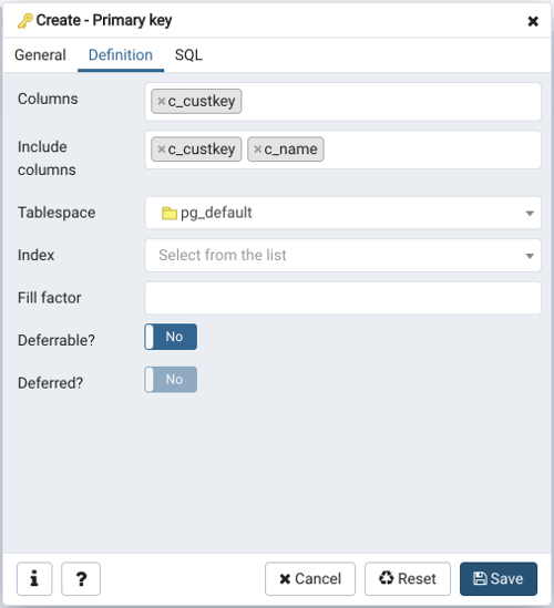 Primary key dialog definition tab