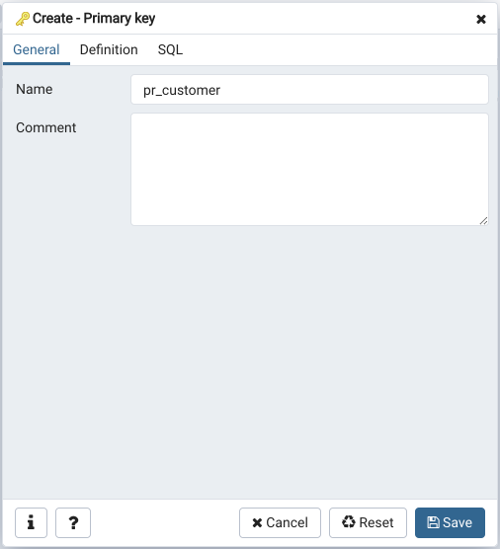 Primary key dialog general tab