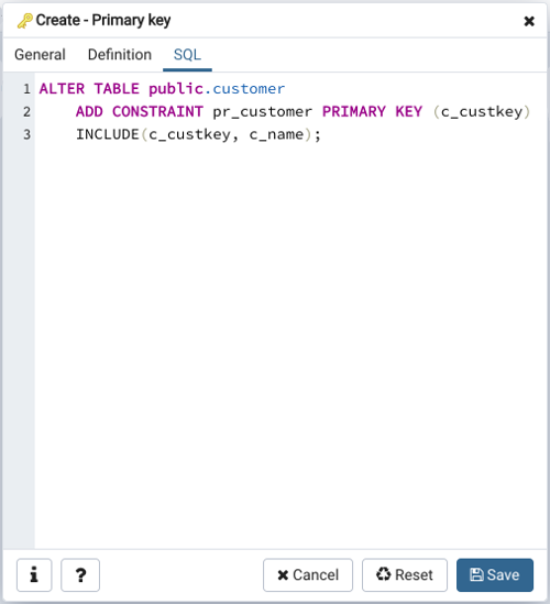 Primary key dialog sql tab