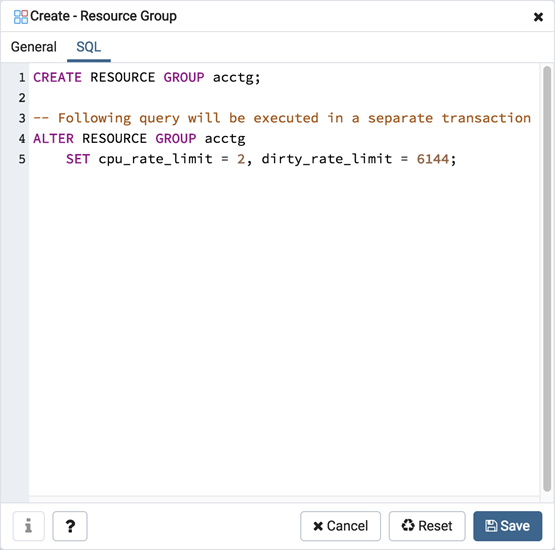 Resource Group dialog sql tab