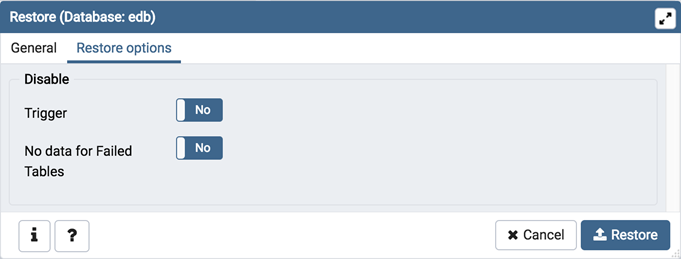 Restore dialog disable section