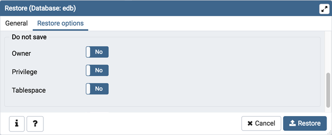Restore dialog do not save section