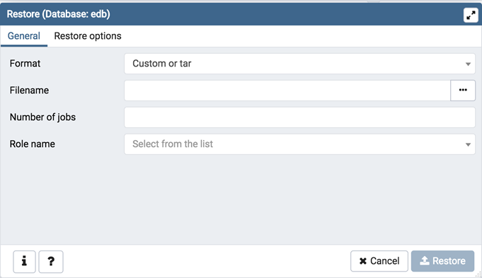 Restore dialog general tab