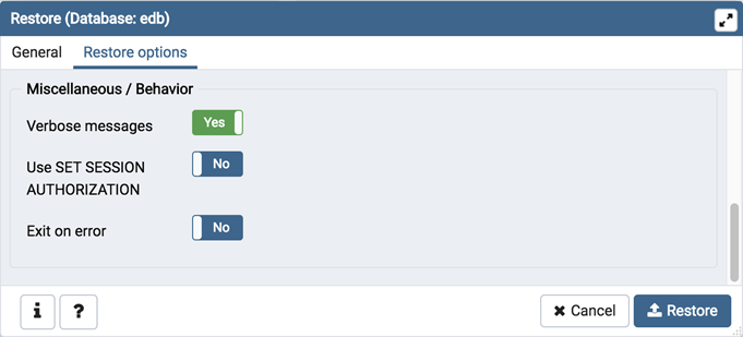 Restore dialog miscellaneous section