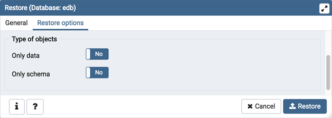 Restore dialog sections section