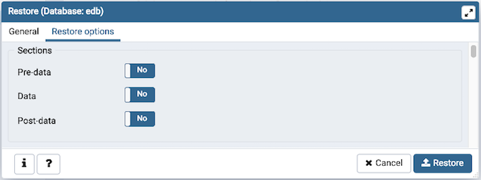 Restore dialog options section