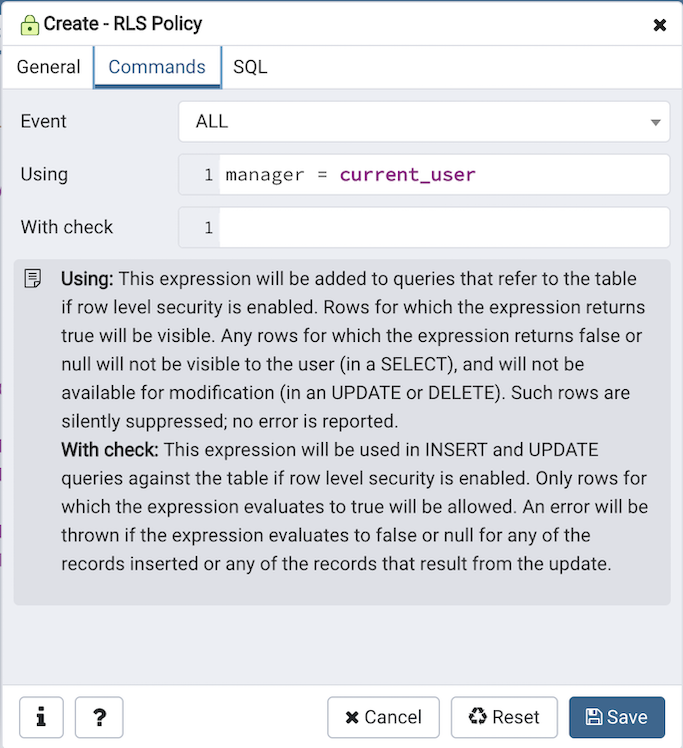 RLS Policy Commands Tab