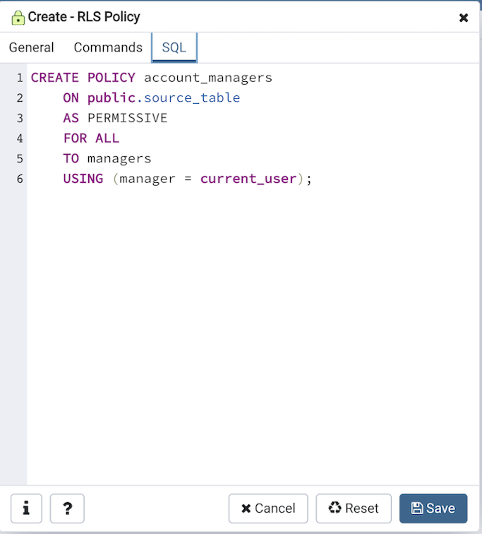 RLS Policy sql tab