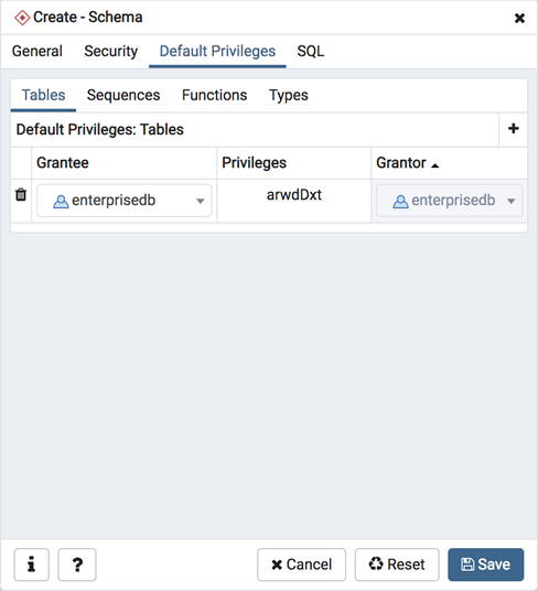 Schema dialog default privileges tab