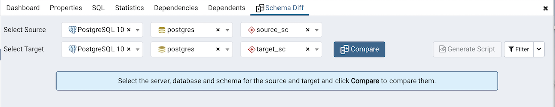 Schema diff compare button