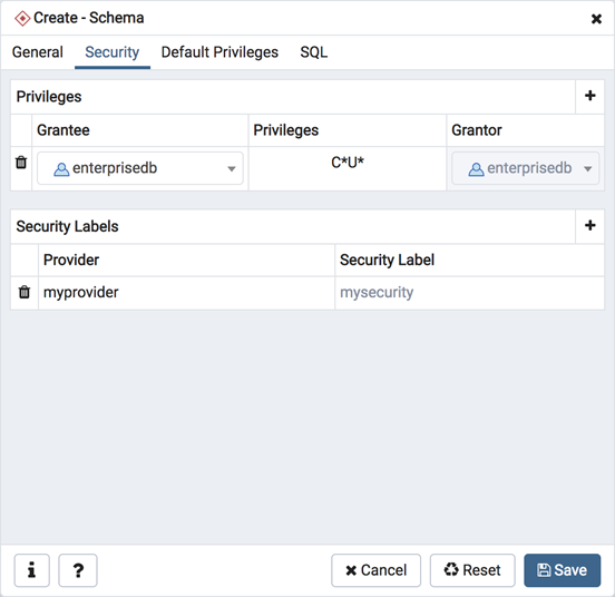 Schema dialog security tab