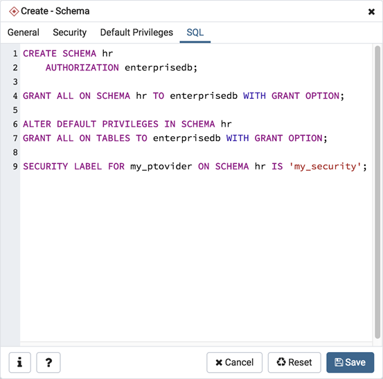 Schema dialog sql tab