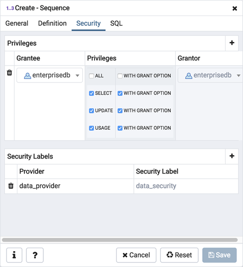 Sequence dialog security tab