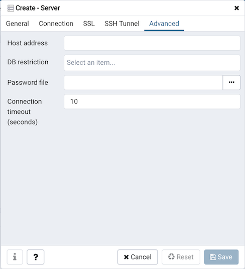 Server dialog advanced tab