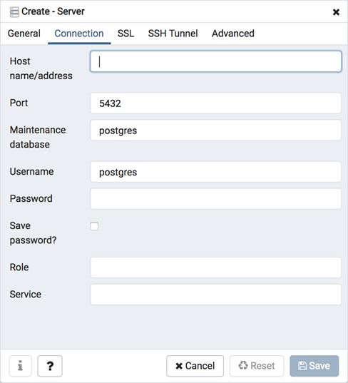 Server dialog connection tab