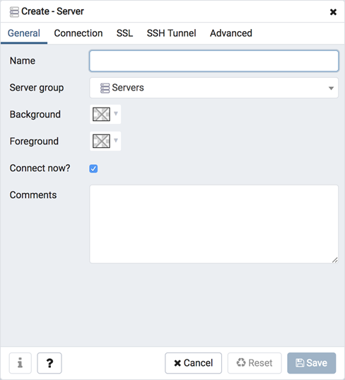 Server dialog general tab
