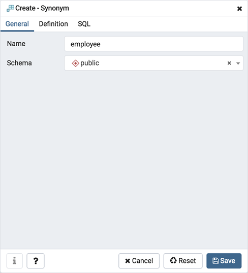 Synonym dialog general tab