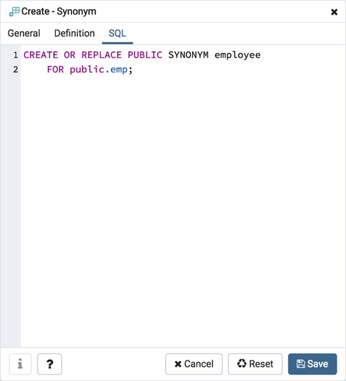 Synonym dialog sql tab