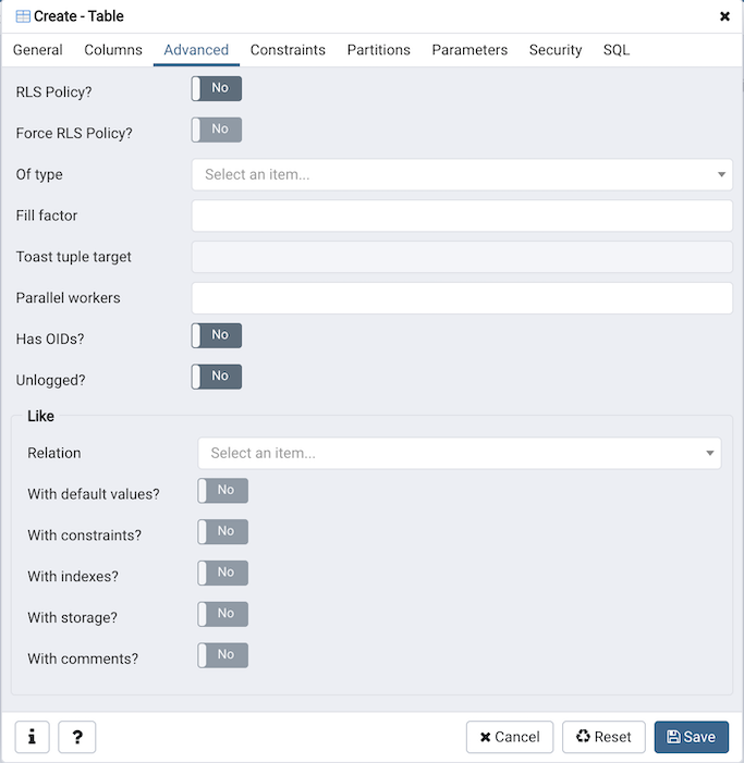 Table dialog advanced tab