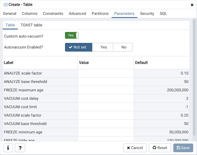 Table dialog parameter tab
