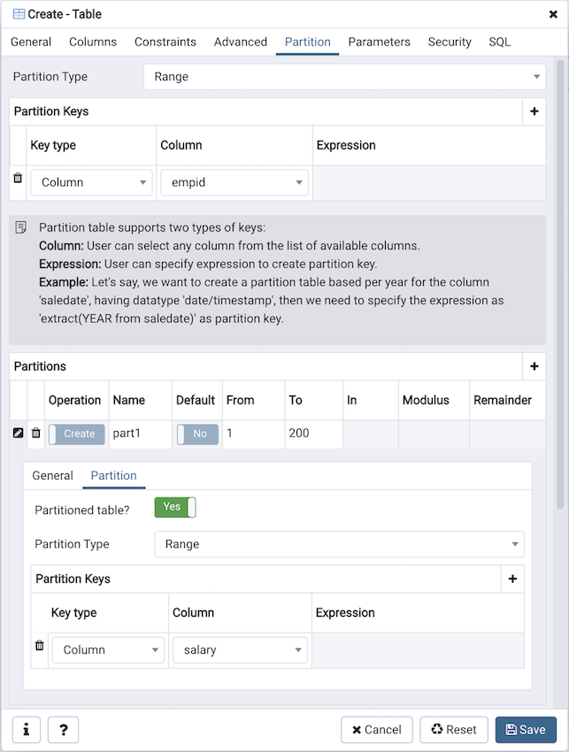 Table dialog partition tab