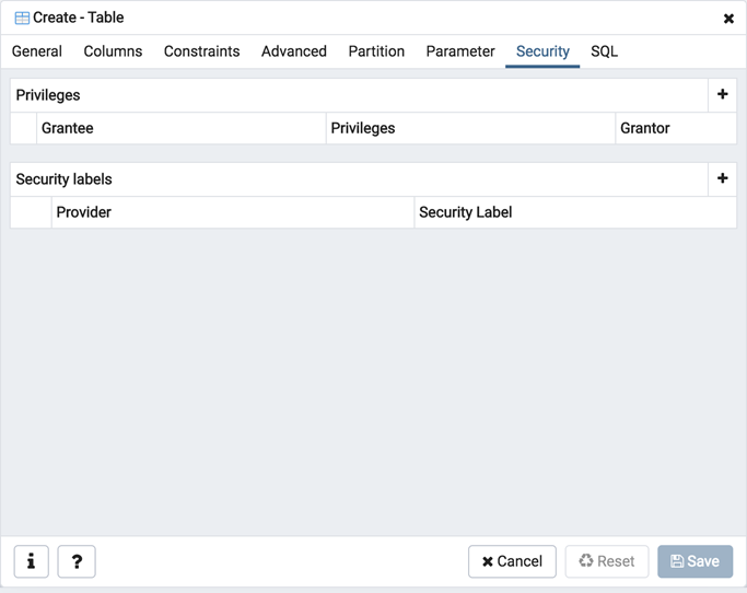 Table dialog security tab