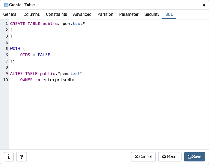 Table dialog sql tab