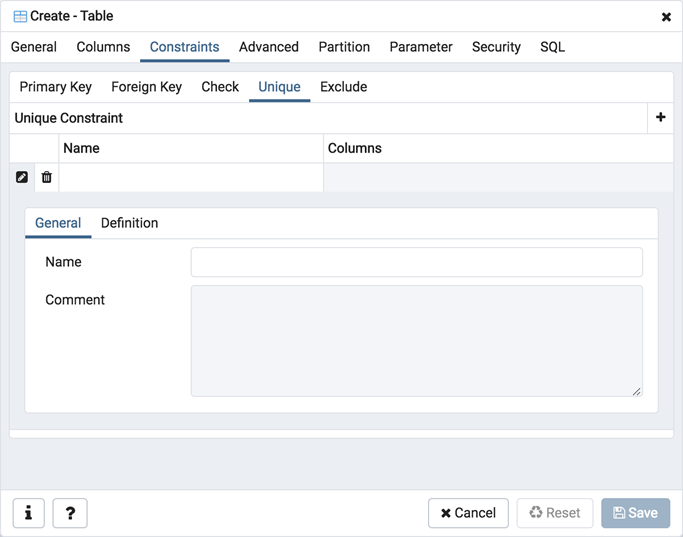 Table dialog unique constraint