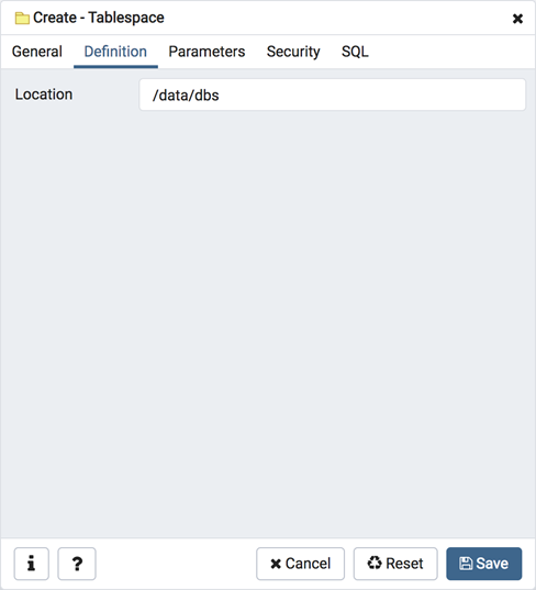 Tablespace dialog definition tab
