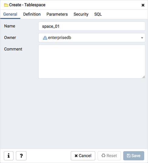 Tablespace dialog general tab