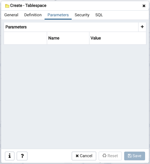 Tablespace dialog parameters tab