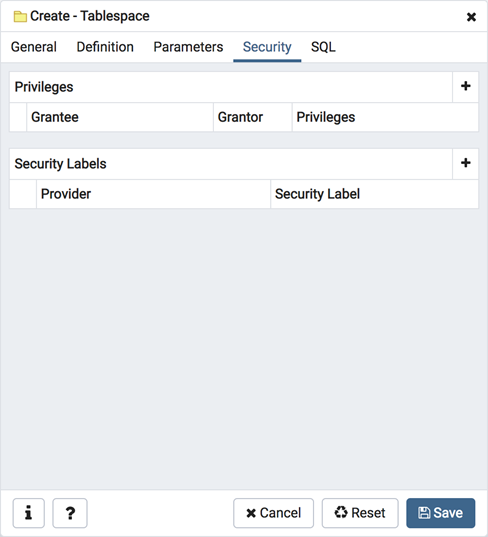 Tablespace dialog security tab