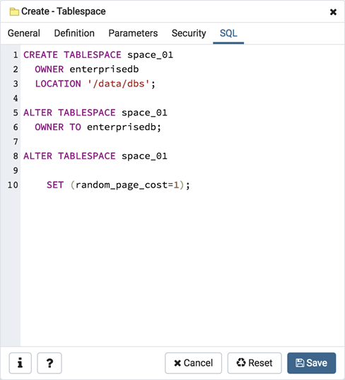 Tablespace dialog sql tab
