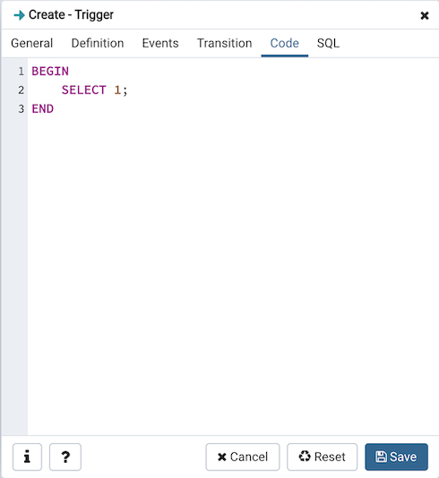 Trigger dialog code tab