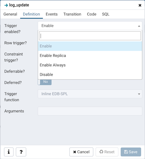 Trigger enabled in dialog tab