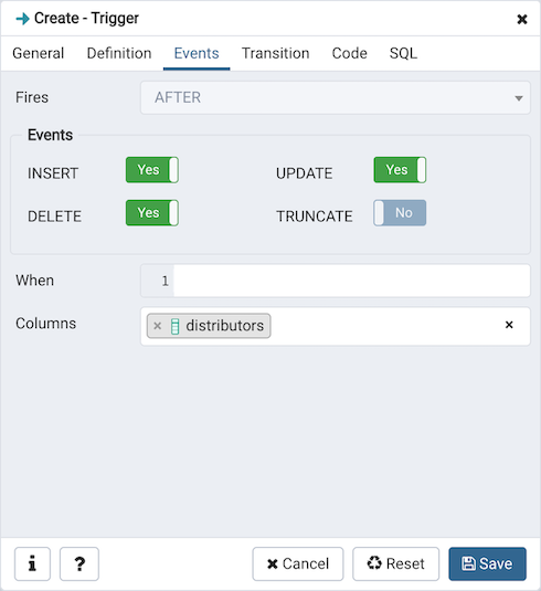 Trigger dialog events tab