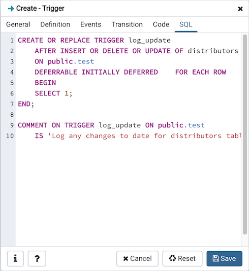 Trigger dialog sql tab