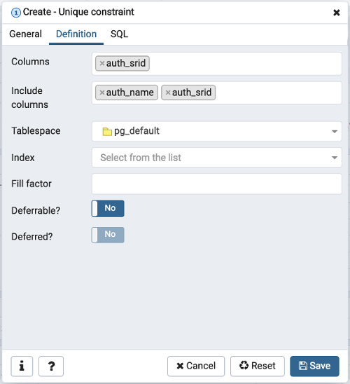 Unique Constraint dialog definition tab