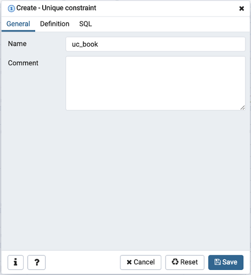 Unique Constraint dialog general tab