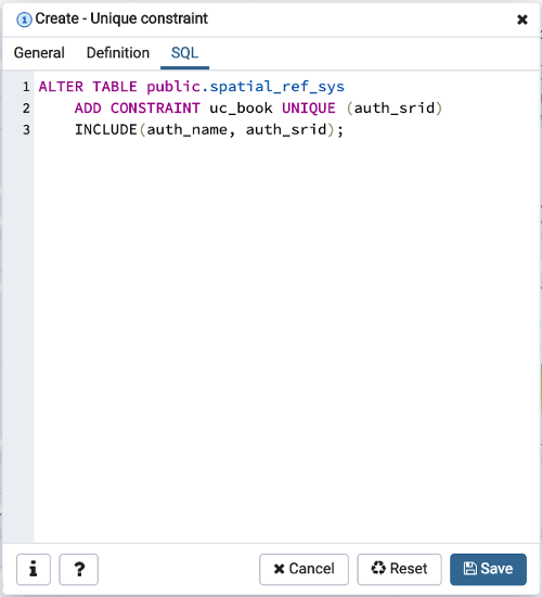 Unique Constraint dialog sql tab