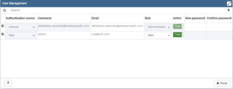 pgAdmin user management window