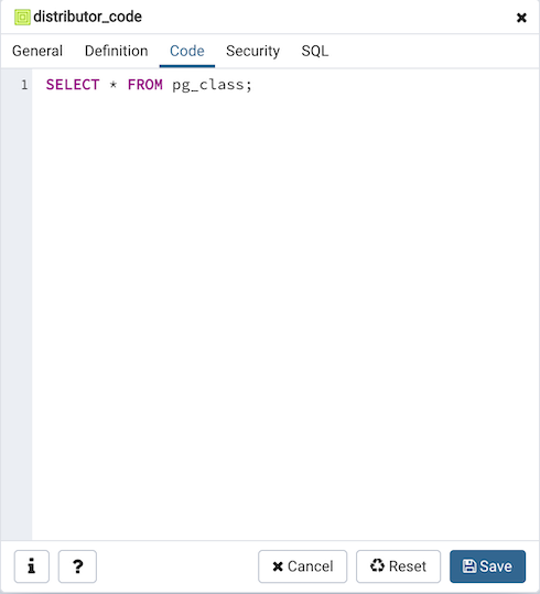 View dialog code tab