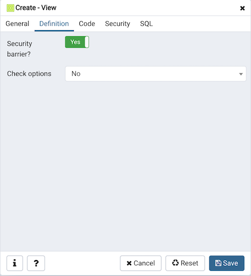 View dialog definition tab