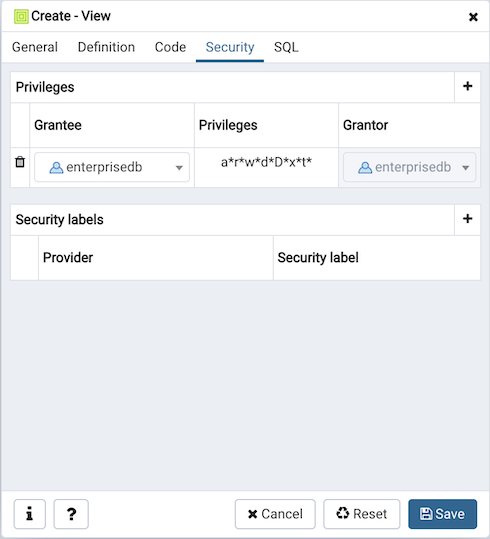 View dialog security tab